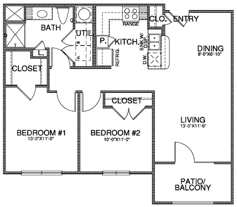 Floor plan for 2 beds, 1 bath, 876 sqft